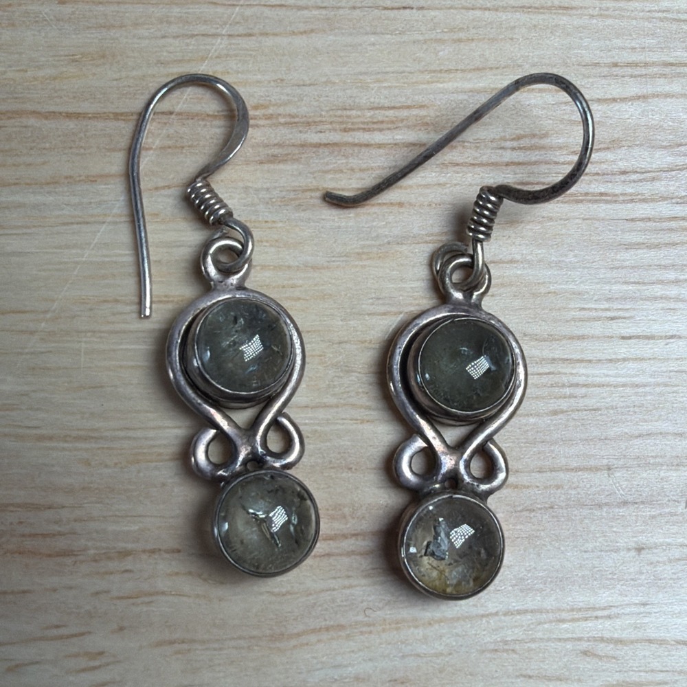 Vintage Sterling Silver Smoky Quartz Dangle Earrings Artisan Handmade Marked 925